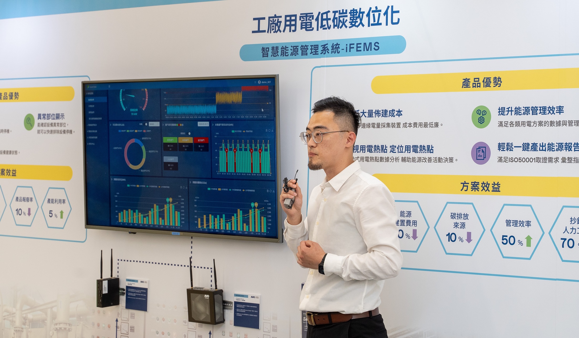 以协助企业布局智能制造见长的球盟会数位，今年展出智能管理系统，已导入多元产业应用，能有效降低人力、提升管理效率